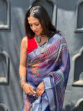 Temple Thread Work | Linen Cotton Dark Blue Saree