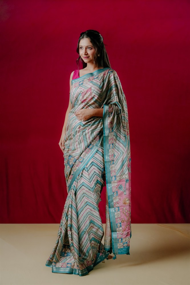 Kaatha Wavy | Tissue Cotton Blue Saree