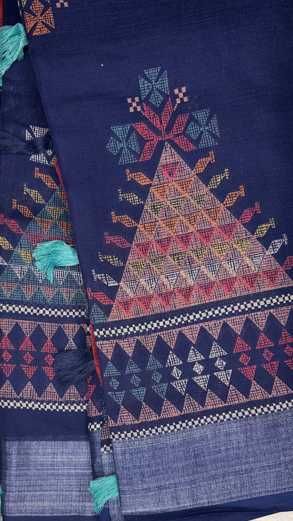 Temple Thread Work | Linen Cotton Dark Blue Saree