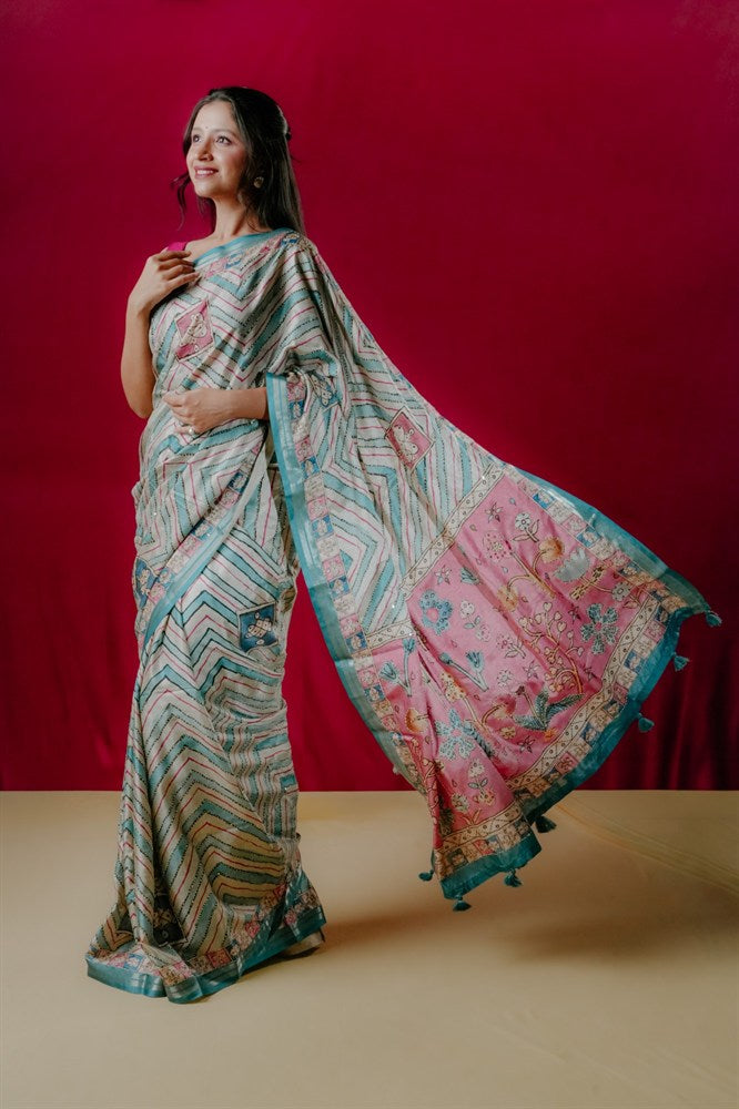 Kaatha Wavy | Tissue Cotton Blue Saree