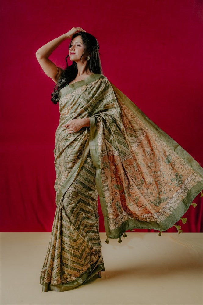 Kaatha Wavy Tissue Cotton Green Saree