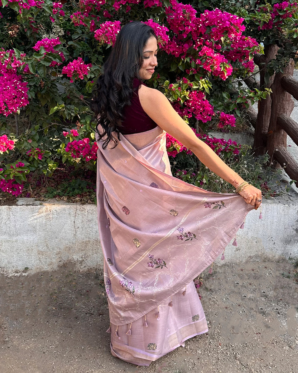 Back view of the Rajathee Saree Blush Pink Cotton Silk showing the lightweight drape and embroidered motifs.