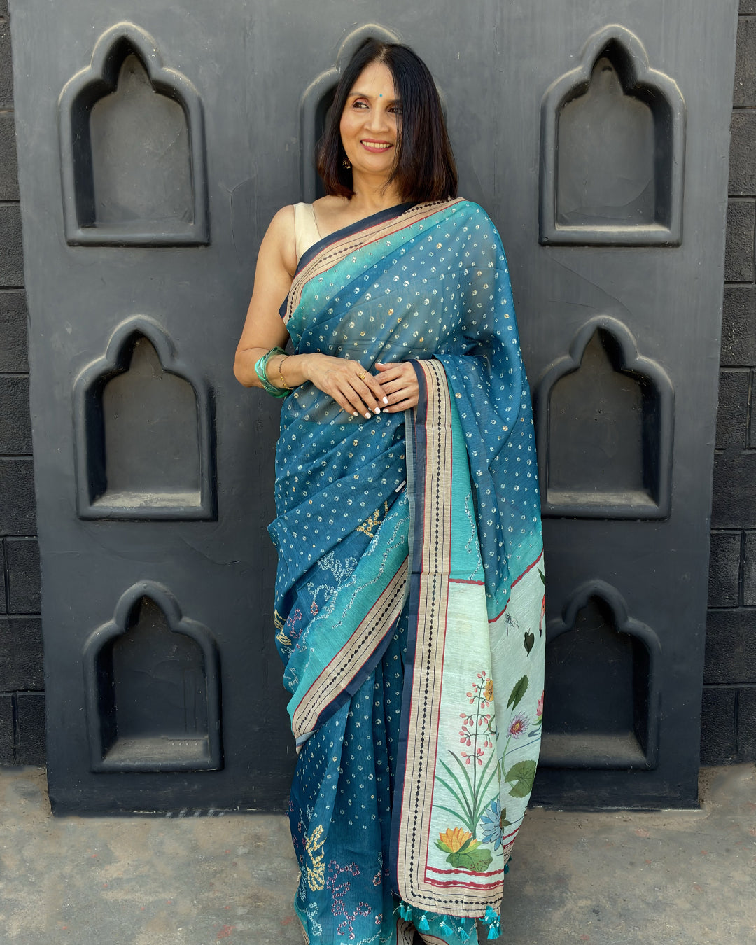Rangtari | Bandhani Flamingo Print Cotton Super Net Saree