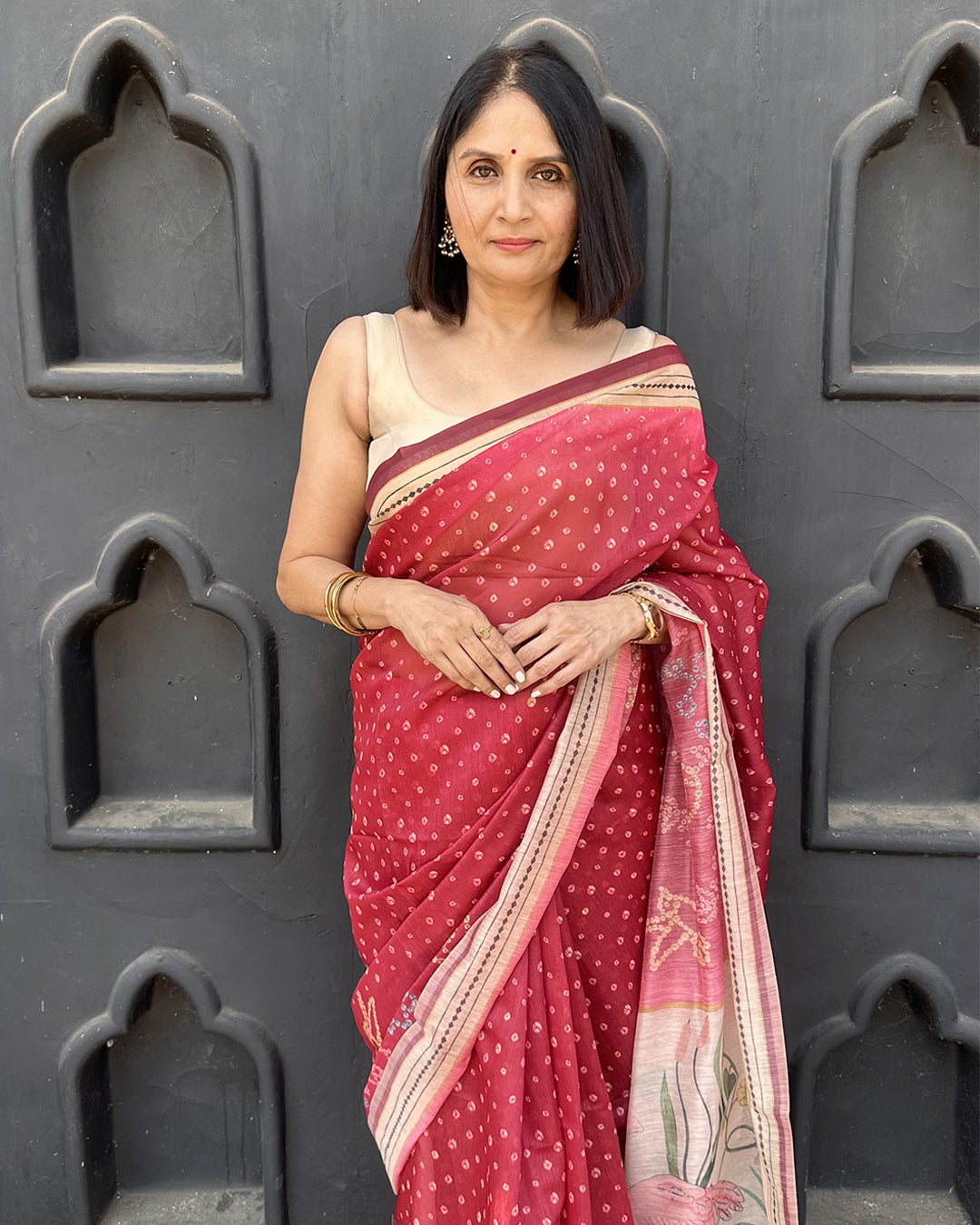 Rangtari | Bandhani Flamingo Print Cotton Super Net Saree