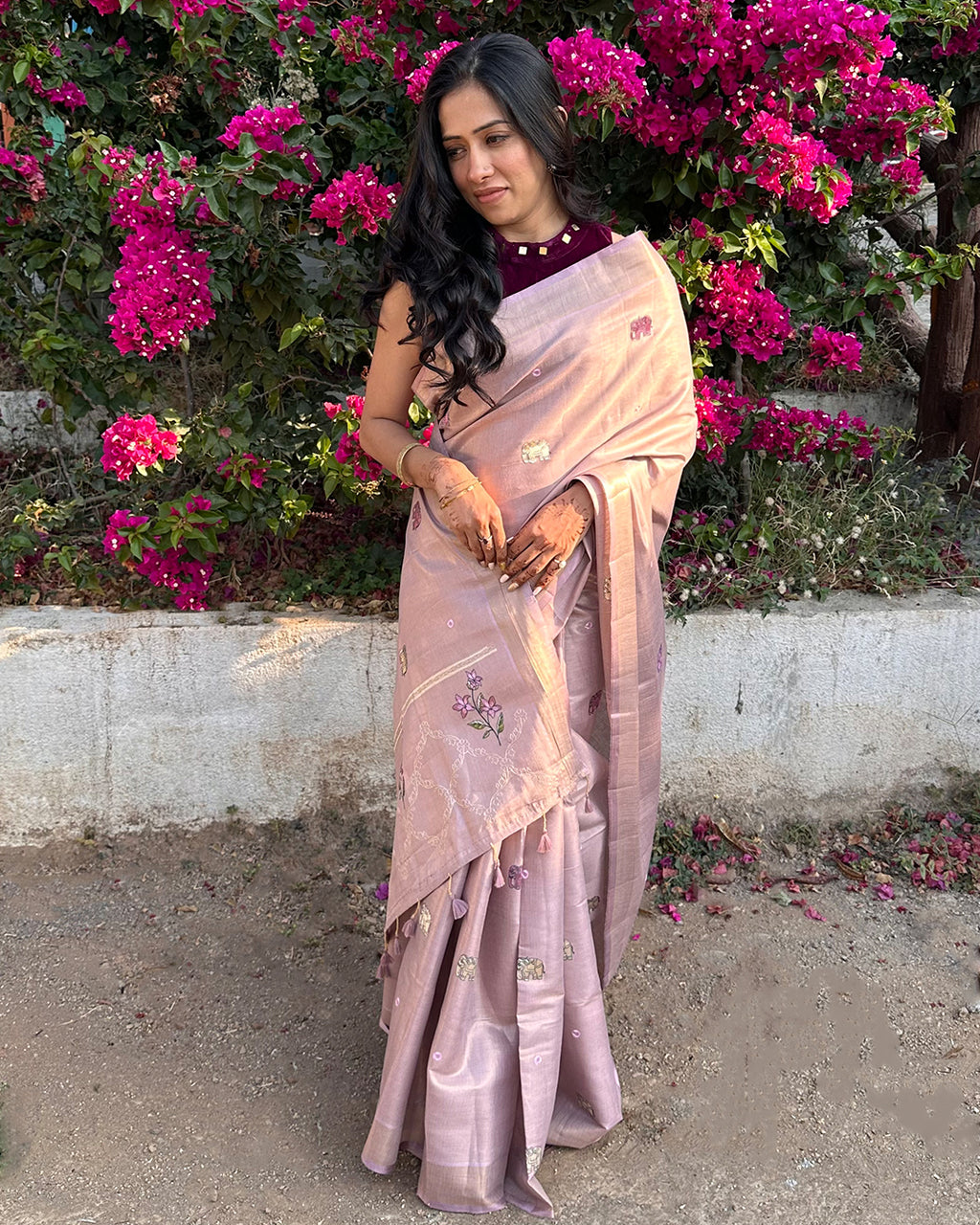 Elegant full-length drape of the Blush Pink Cotton Silk Saree by Rajathee Saree with breathable fabric and fluid fall.