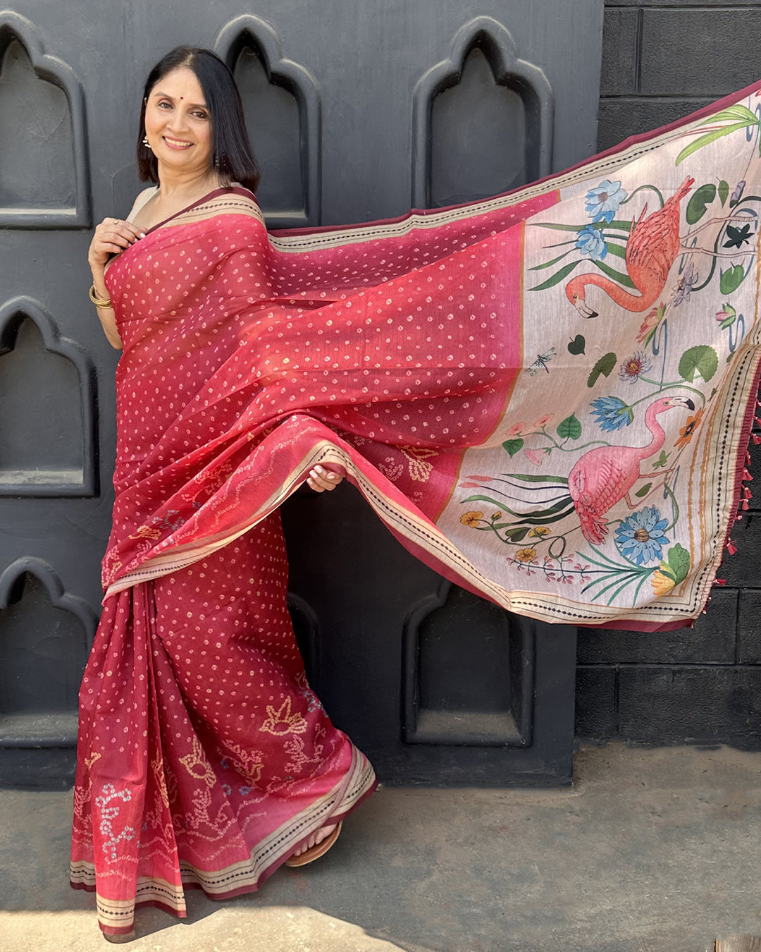 Rangtari | Bandhani Flamingo Print Cotton Super Net Saree