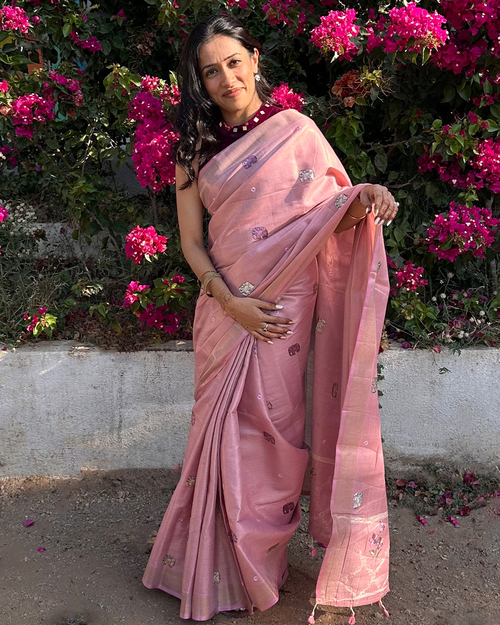 Rajathee Saree Blush Pink Cotton Silk Saree featuring a soft sheen and delicate small embroidered elephant prints.