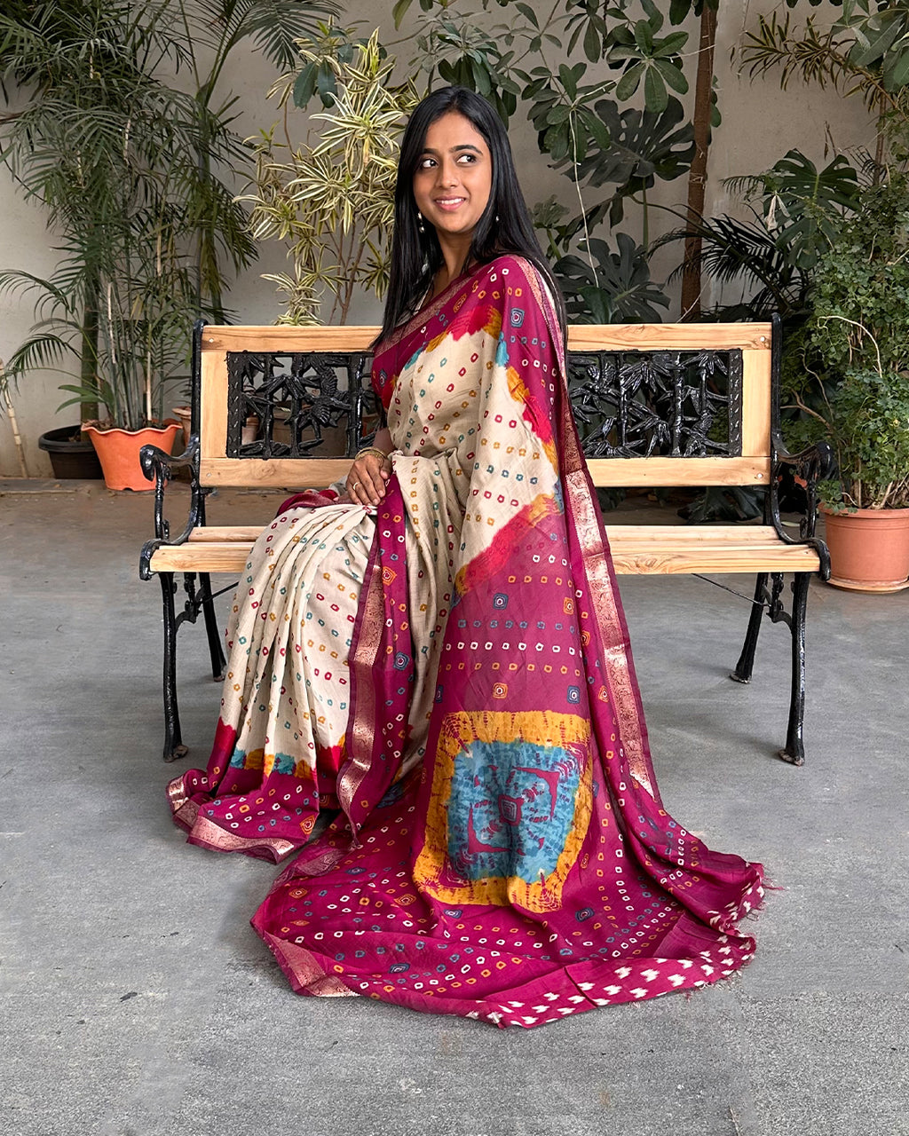 Rajathee Saree Purple and Ivory Cambric Silk Saree with a traditional Bandhani print and soft, smooth texture.