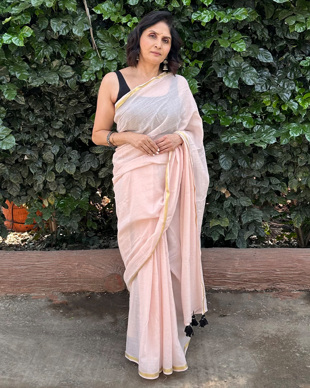 Soumya Gold | Plain Mul Cotton Saree with Gold Border