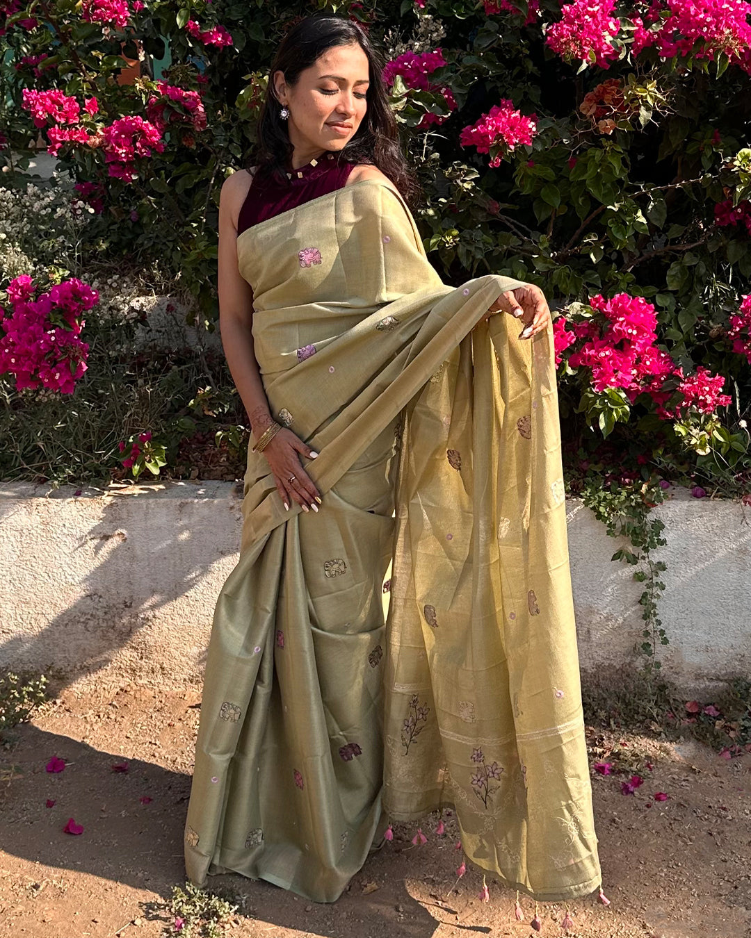 Gajagamini | Small Embroidered Elephant Print Cotton Silk Saree