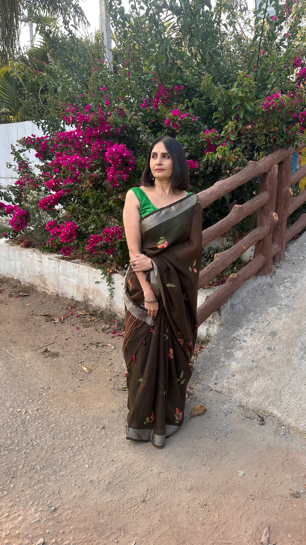 Kavya Floral | Cotton Linen Brown Saree