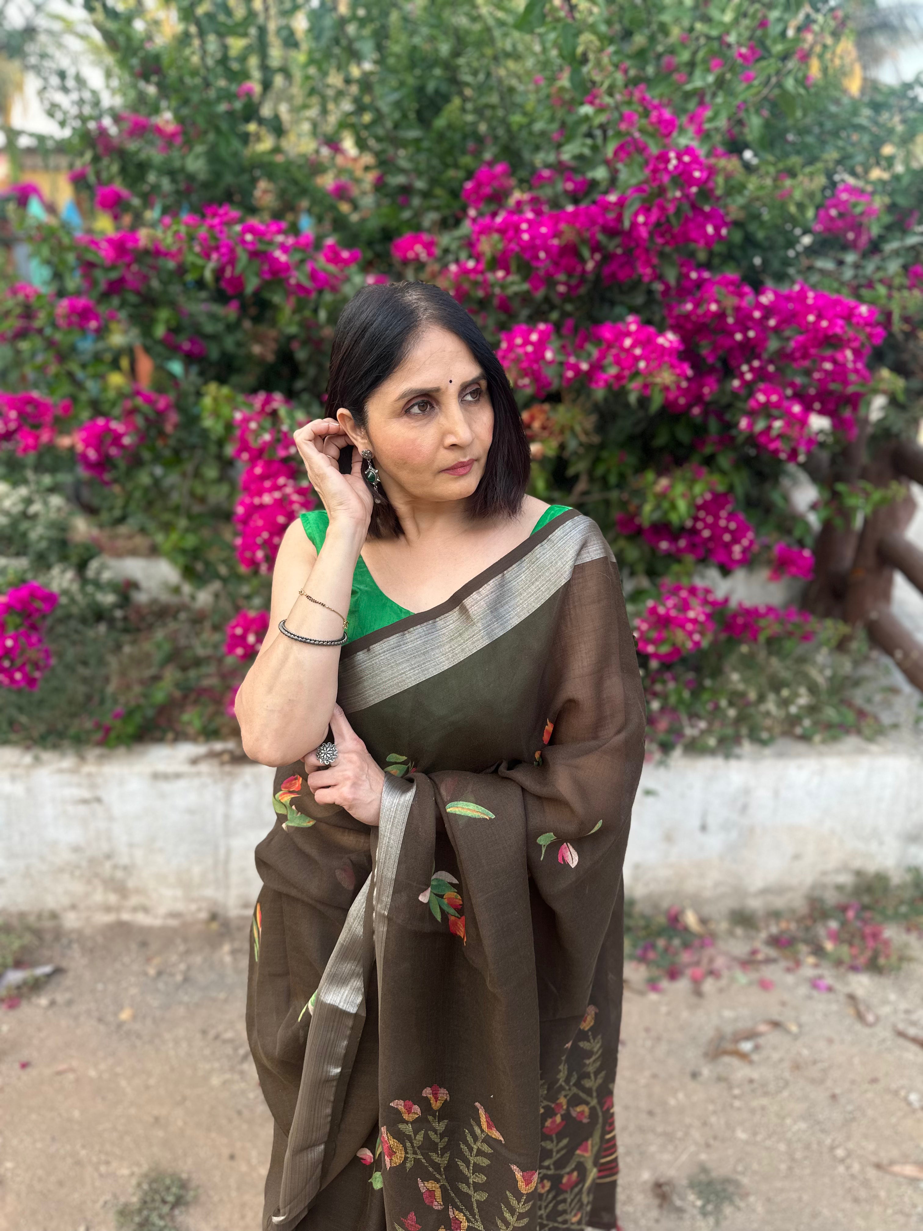 Kavya Floral | Cotton Linen Brown Saree