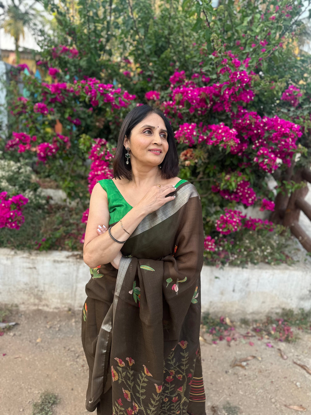 Kavya Floral | Cotton Linen Brown Saree