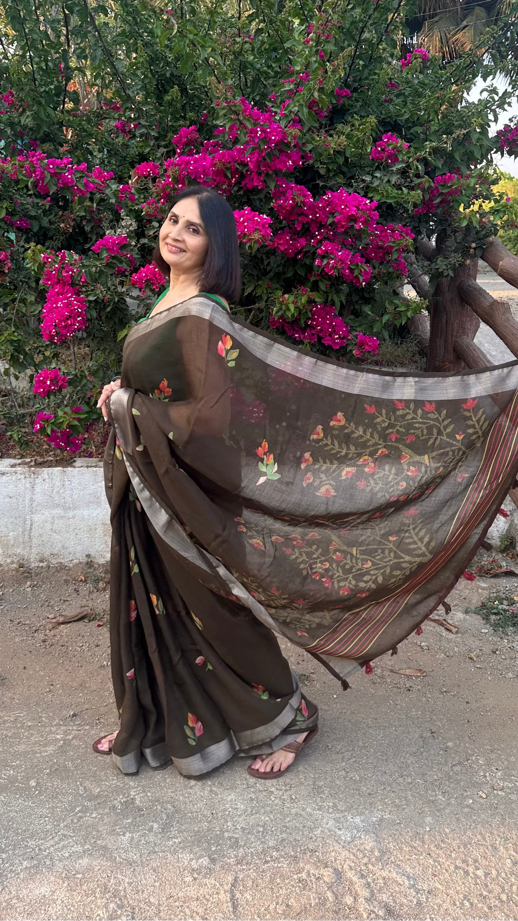 Kavya Floral | Cotton Linen Brown Saree