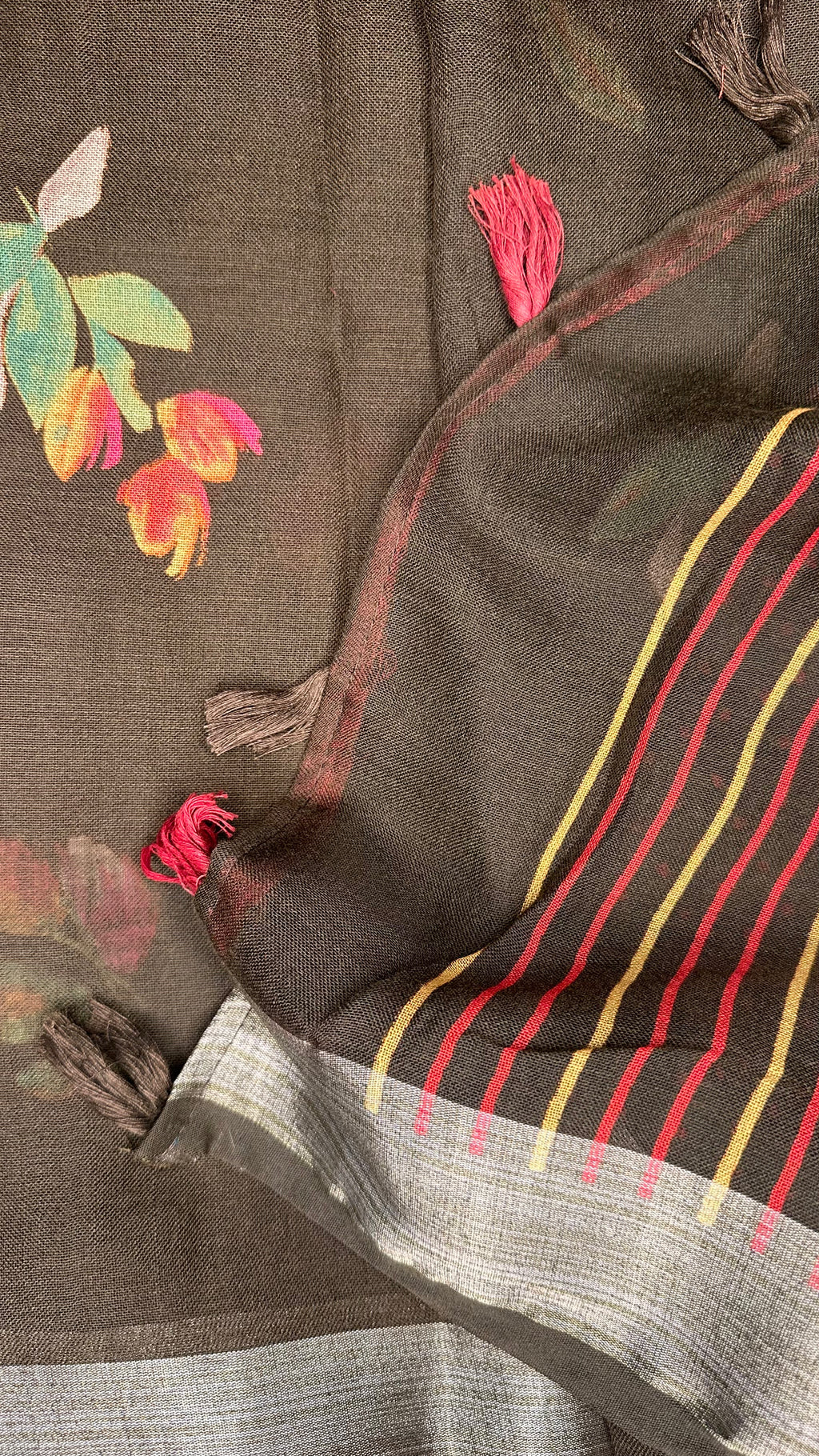 Kavya Floral | Cotton Linen Brown Saree