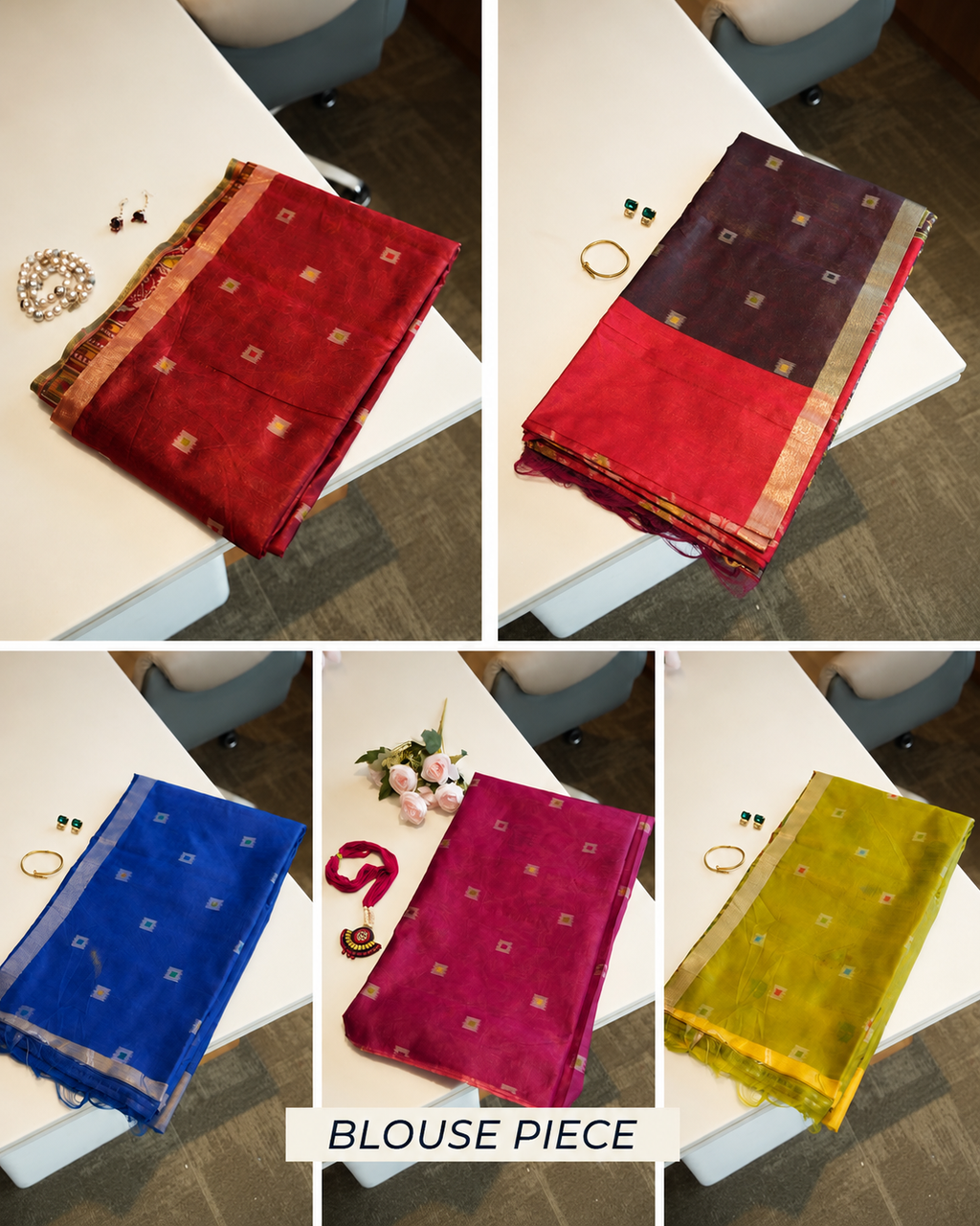A collage showing four folded sheer blouses in different colors: red, dark purple, royal blue, and yellow-green. Each blouse is displayed on a white table with small jewelry accessories.