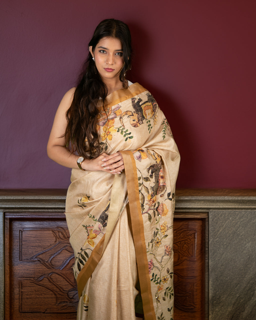 Full-length view of the Blush Pink Rajathee Saree with a botanical narrative print, perfect for formal and festive occasions.
