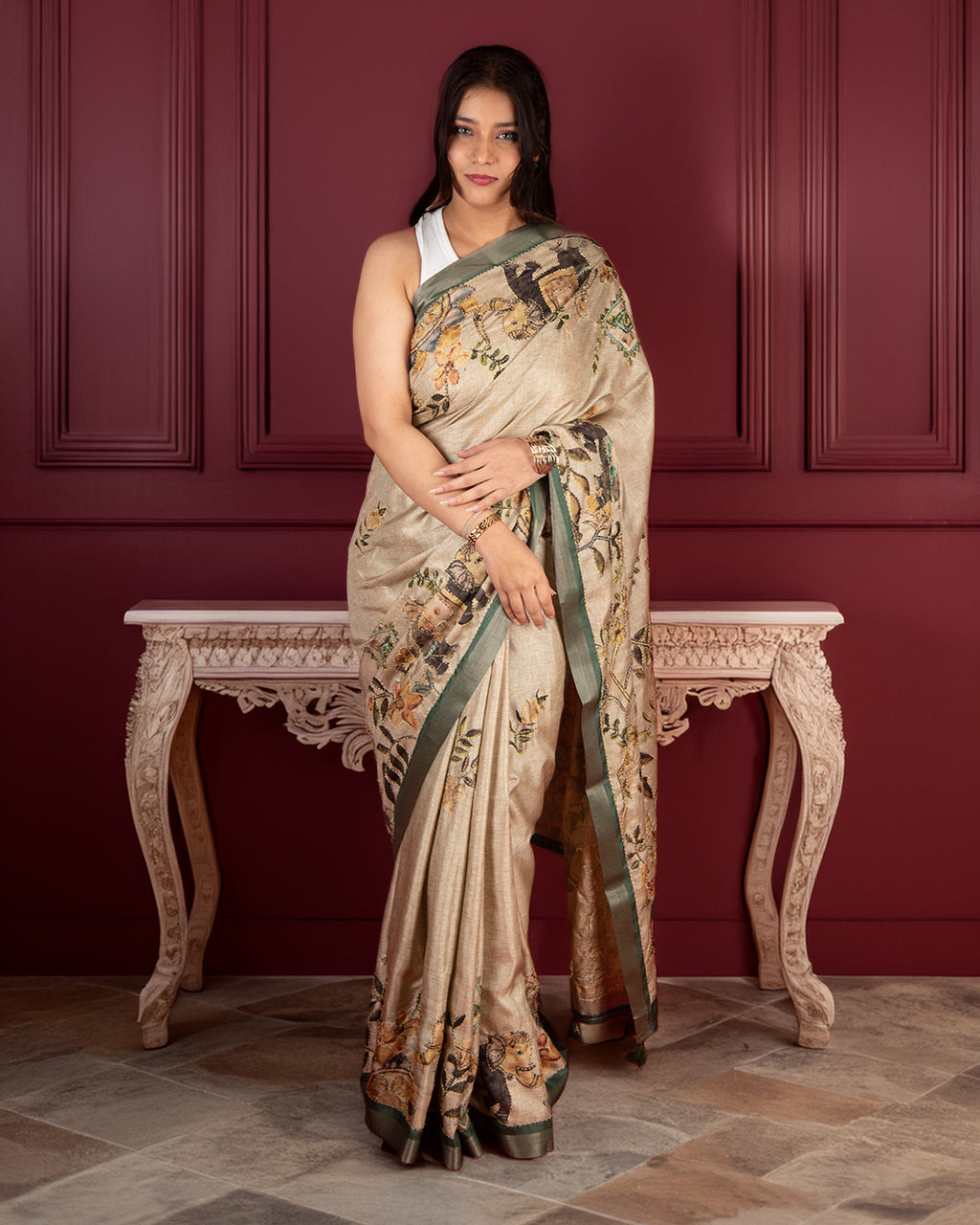 Studio portrait of the Blush Pink Botanical Narrative Saree by Rajathee Saree showing its lightweight and fluid drape.
