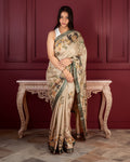 Studio portrait of the Blush Pink Botanical Narrative Saree by Rajathee Saree showing its lightweight and fluid drape.