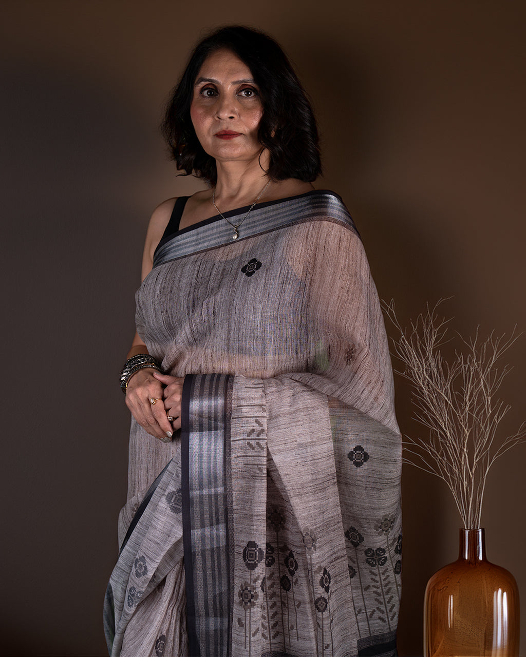 Elegant front drape of the Grey Cotton Saree by Rajathee Saree showcasing its breathable texture and lightweight fall.