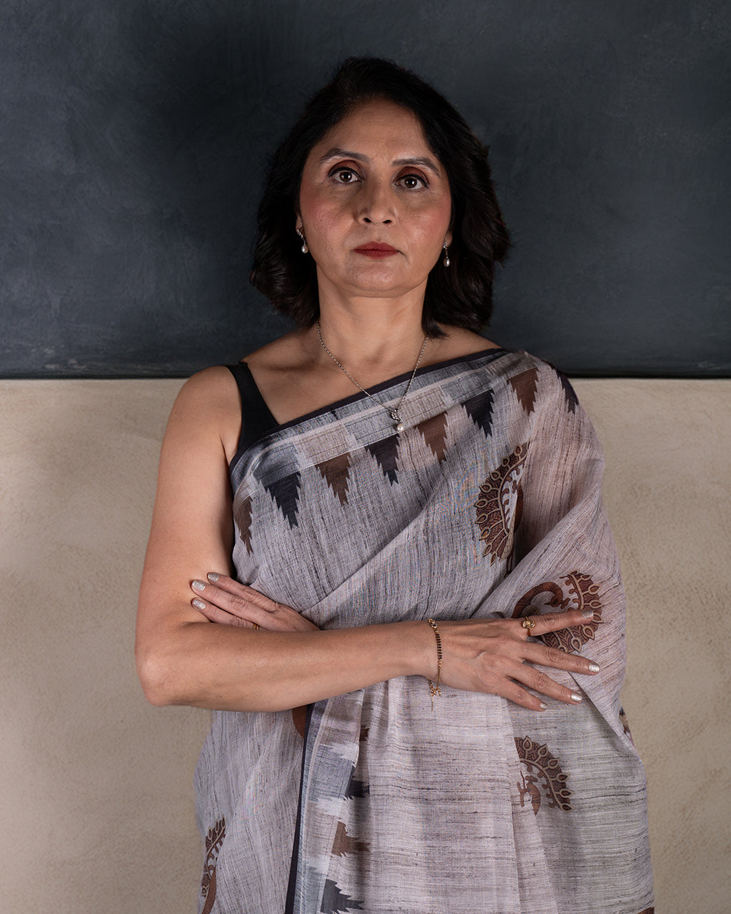 Front view of the Grey Cotton Saree by Rajathee Saree showcasing the intricate peacock print and breathable texture.