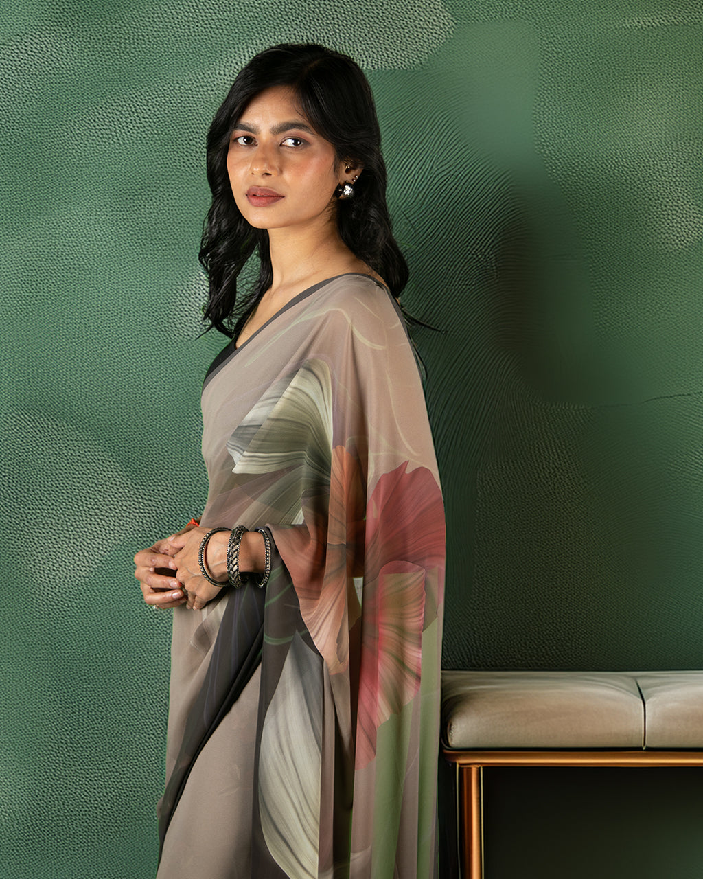 Elegant side profile of the sheer Shadow Floral Saree by Rajathee Saree showcasing its lightweight and graceful fall.
