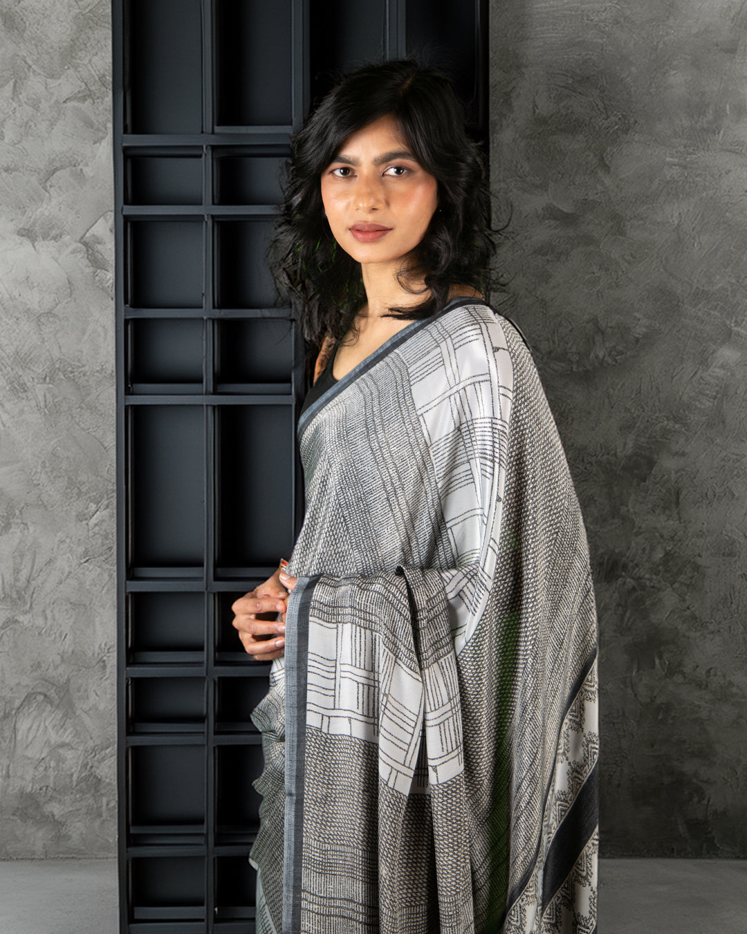 Breaking News | Inked Lines Silk Crepe Saree - Rajathee Sarees