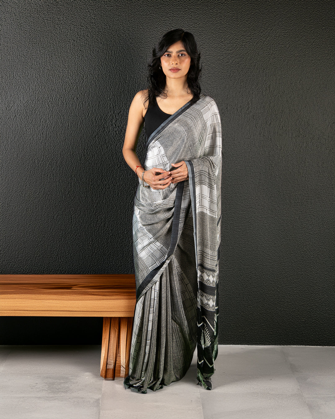 Breaking News | Inked Lines Silk Crepe Saree - Rajathee Sarees