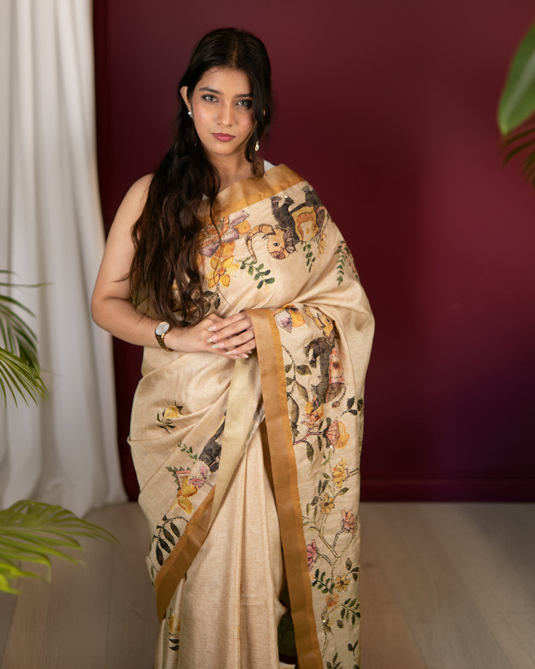 Yellow tissue cotton saree with intricate kaatha applique border, designed by Rajathee Sarees.