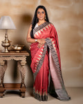 Rajathee Saree Red Raw Silk and Cotton Blend Saree featuring handcrafted floral embellishments and a traditional temple border.