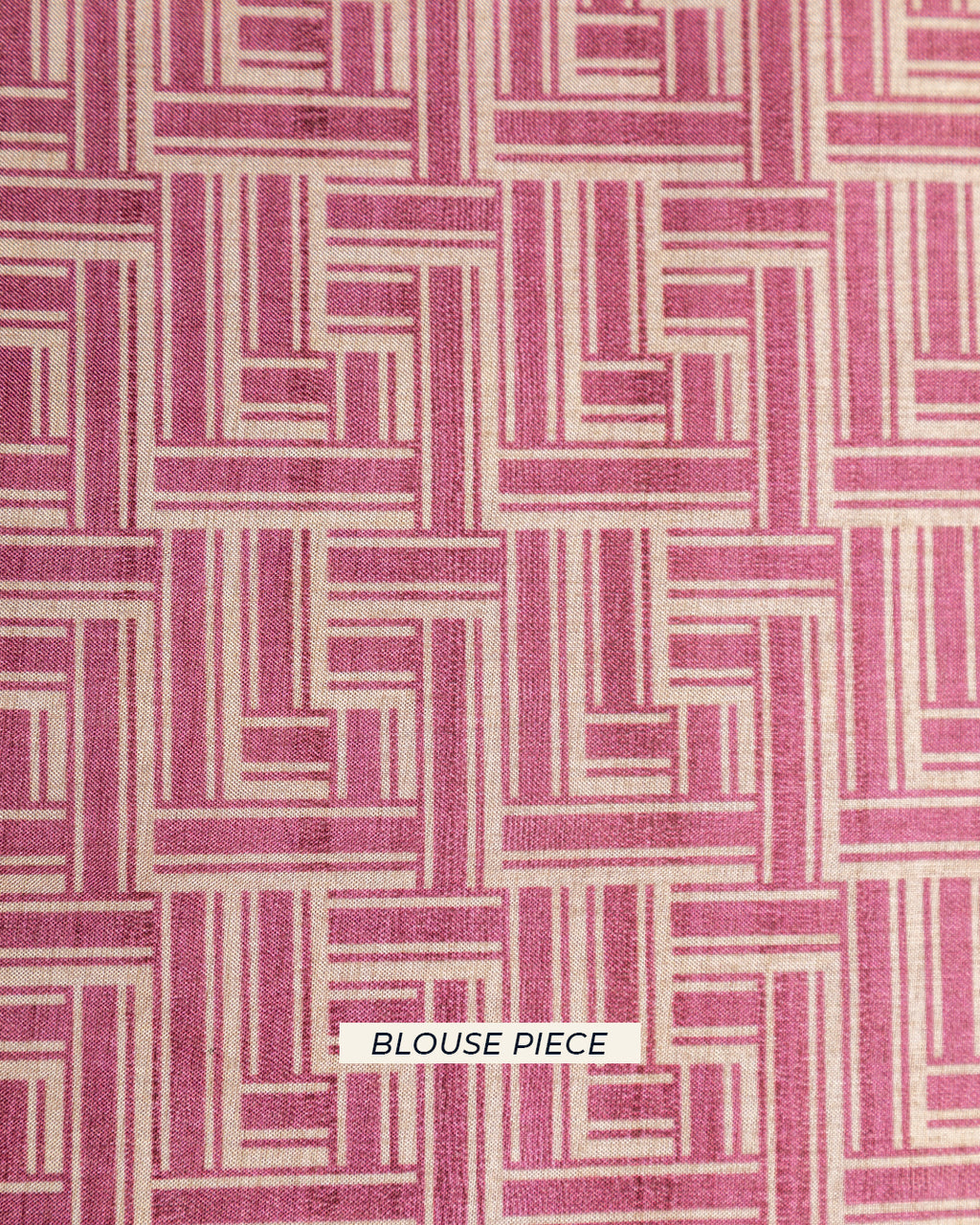 Matching baby pink unstitched blouse piece fabric with a modern interlocking geometric pattern for the Rajathee Saree collection.