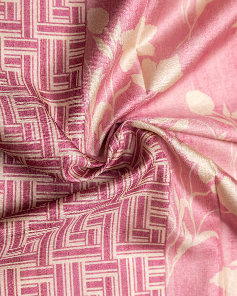 Close-up of the intricate woven floral motifs and soft, shimmering texture of the Baby Pink Cotton-Tissue fabric.