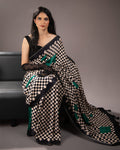 Rajathee Saree Emerald Green Queen's Grid Saree in Modal Satin featuring a bold black and white checkered pattern.